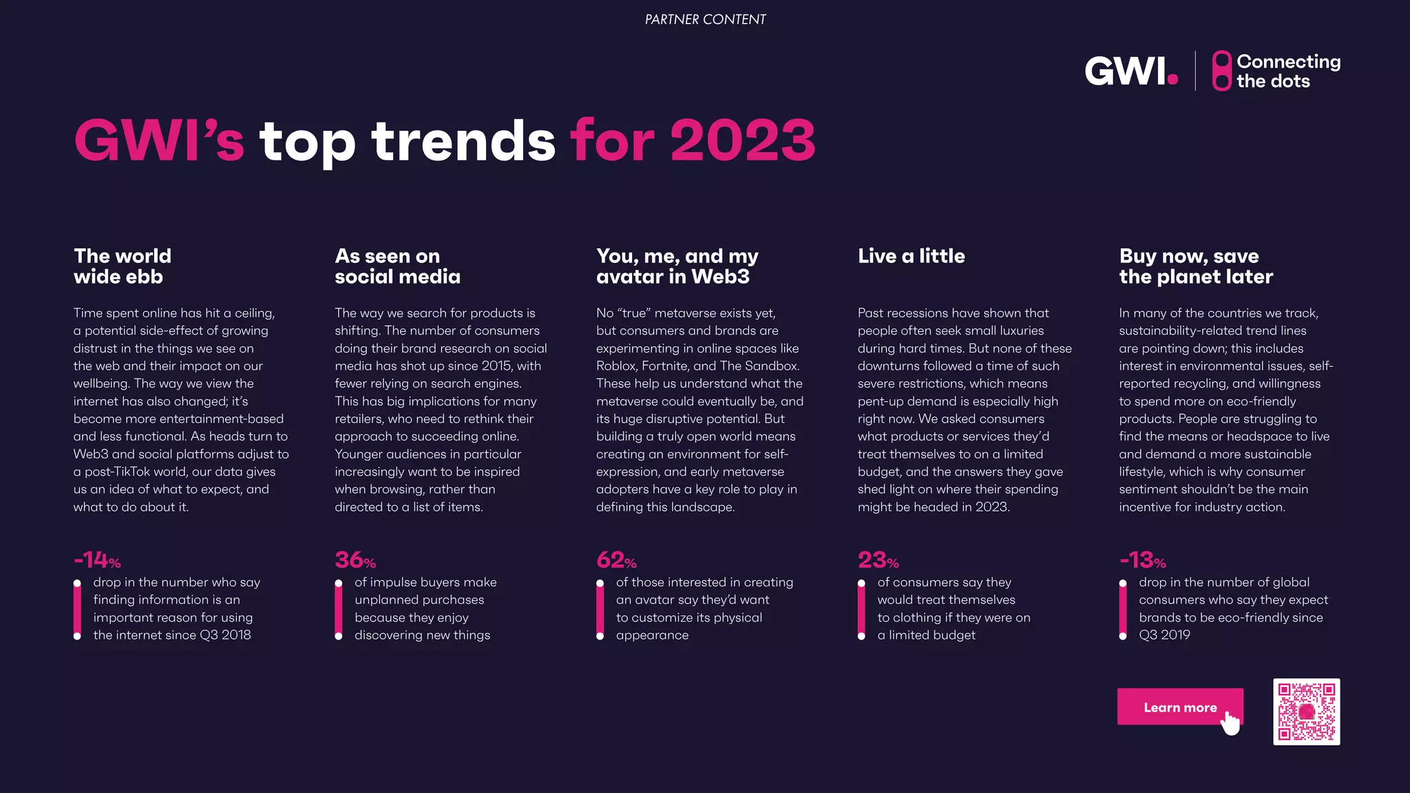 GWI’s top trends for 2023
The world
wide ebb
Time spent online has hit a ceiling,
a potential side-effect of growing
distrust in the things we see on
the web and their impact on our
wellbeing. The way we view the
internet has also changed; it’s
become more entertainment-based
and less functional. As heads turn to
Web3 and social platforms adjust to
a post-TikTok world, our data gives
us an idea of what to expect, and
what to do about it.
drop in the number who say
finding information is an
important reason for using
the internet since Q3 2018
-14%
As seen on
social media
The way we search for products is
shifting. The number of consumers
doing their brand research on social
media has shot up since 2015, with
fewer relying on search engines.
This has big implications for many
retailers, who need to rethink their
approach to succeeding online.
Younger audiences in particular
increasingly want to be inspired
when browsing, rather than
directed to a list of items.
of impulse buyers make
unplanned purchases
because they enjoy
discovering new things
36%
You, me, and my
avatar in Web3
No “true” metaverse exists yet,
but consumers and brands are
experimenting in online spaces like
Roblox, Fortnite, and The Sandbox.
These help us understand what the
metaverse could eventually be, and
its huge disruptive potential. But
building a truly open world means
creating an environment for self-
expression, and early metaverse
adopters have a key role to play in
defining this landscape.
of those interested in creating
an avatar say they’d want
to customize its physical
appearance
62%
Live a little
Past recessions have shown that
people often seek small luxuries
during hard times. But none of these
downturns followed a time of such
severe restrictions, which means
pent-up demand is especially high
right now. We asked consumers
what products or services they’d
treat themselves to on a limited
budget, and the answers they gave
shed light on where their spending
might be headed in 2023.
of consumers say they
would treat themselves
to clothing if they were on
a limited budget
23%
Buy now, save
the planet later
In many of the countries we track,
sustainability-related trend lines
are pointing down; this includes
interest in environmental issues, self-
reported recycling, and willingness
to spend more on eco-friendly
products. People are struggling to
find the means or headspace to live
and demand a more sustainable
lifestyle, which is why consumer
sentiment shouldn’t be the main
incentive for industry action.
drop in the number of global
consumers who say they expect
brands to be eco-friendly since
Q3 2019
-13%
Learn more
PARTNER CONTENT
 