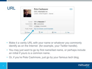 URL




    • Make it a vanity URL with your name or whatever you commonly
      identify as on the Internet (for example, your Twitter handle).
    • You may just want to go by first name/last name, or perhaps include
      an initial if yours is a common name.
    • Or, if you’re Pete Cashmore, just go by your famous tech blog.


4
 