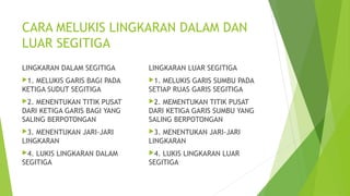CARA MELUKIS LINGKARAN DALAM DAN
LUAR SEGITIGA
LINGKARAN DALAM SEGITIGA
1. MELUKIS GARIS BAGI PADA
KETIGA SUDUT SEGITIGA
2. MENENTUKAN TITIK PUSAT
DARI KETIGA GARIS BAGI YANG
SALING BERPOTONGAN
3. MENENTUKAN JARI-JARI
LINGKARAN
4. LUKIS LINGKARAN DALAM
SEGITIGA
LINGKARAN LUAR SEGITIGA
1. MELUKIS GARIS SUMBU PADA
SETIAP RUAS GARIS SEGITIGA
2. MEMENTUKAN TITIK PUSAT
DARI KETIGA GARIS SUMBU YANG
SALING BERPOTONGAN
3. MENENTUKAN JARI-JARI
LINGKARAN
4. LUKIS LINGKARAN LUAR
SEGITIGA
 