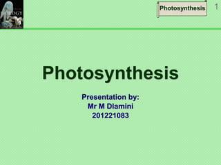 Photosynthesis

Photosynthesis
Presentation by:
Mr M Dlamini
201221083

1

 