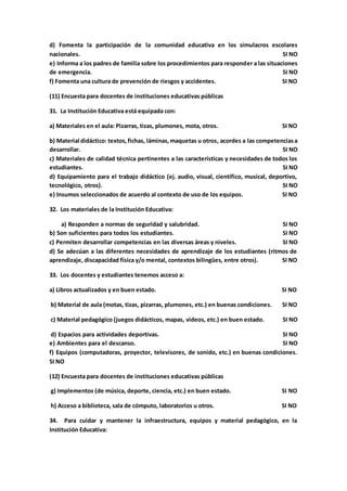 d) Fomenta la participación de la comunidad educativa en los simulacros escolares
nacionales. SI NO
e) Informa a los padres de familia sobre los procedimientos para responder a las situaciones
de emergencia. SI NO
f) Fomenta una cultura de prevención de riesgos y accidentes. SI NO
(11) Encuesta para docentes de instituciones educativas públicas
31. La Institución Educativa está equipada con:
a) Materiales en el aula: Pizarras, tizas, plumones, mota, otros. SI NO
b) Material didáctico: textos,fichas, láminas,maquetas u otros, acordes a las competenciasa
desarrollar. SI NO
c) Materiales de calidad técnica pertinentes a las características y necesidades de todos los
estudiantes. SI NO
d) Equipamiento para el trabajo didáctico (ej. audio, visual, científico, musical, deportivo,
tecnológico, otros). SI NO
e) Insumos seleccionados de acuerdo al contexto de uso de los equipos. SI NO
32. Los materiales de la Institución Educativa:
a) Responden a normas de seguridad y salubridad. SI NO
b) Son suficientes para todos los estudiantes. SI NO
c) Permiten desarrollar competencias en las diversas áreas y niveles. SI NO
d) Se adecúan a las diferentes necesidades de aprendizaje de los estudiantes (ritmos de
aprendizaje, discapacidad física y/o mental, contextos bilingües, entre otros). SI NO
33. Los docentes y estudiantes tenemos acceso a:
a) Libros actualizados y en buen estado. SI NO
b) Material de aula (motas, tizas, pizarras, plumones, etc.) en buenas condiciones. SI NO
c) Material pedagógico (juegos didácticos, mapas, videos, etc.) en buen estado. SI NO
d) Espacios para actividades deportivas. SI NO
e) Ambientes para el descanso. SI NO
f) Equipos (computadoras, proyector, televisores, de sonido, etc.) en buenas condiciones.
SI NO
(12) Encuesta para docentes de instituciones educativas públicas
g) Implementos (de música, deporte, ciencia, etc.) en buen estado. SI NO
h) Acceso a biblioteca, sala de cómputo, laboratorios u otros. SI NO
34. Para cuidar y mantener la infraestructura, equipos y material pedagógico, en la
Institución Educativa:
 