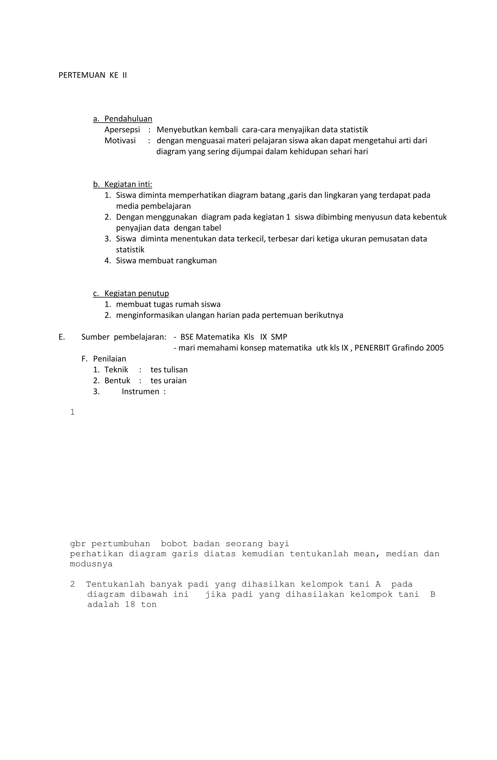 PERTEMUAN KE II
a. Pendahuluan
Apersepsi : Menyebutkan kembali cara-cara menyajikan data statistik
Motivasi : dengan menguasai materi pelajaran siswa akan dapat mengetahui arti dari
diagram yang sering dijumpai dalam kehidupan sehari hari
b. Kegiatan inti:
1. Siswa diminta memperhatikan diagram batang ,garis dan lingkaran yang terdapat pada
media pembelajaran
2. Dengan menggunakan diagram pada kegiatan 1 siswa dibimbing menyusun data kebentuk
penyajian data dengan tabel
3. Siswa diminta menentukan data terkecil, terbesar dari ketiga ukuran pemusatan data
statistik
4. Siswa membuat rangkuman
c. Kegiatan penutup
1. membuat tugas rumah siswa
2. menginformasikan ulangan harian pada pertemuan berikutnya
E. Sumber pembelajaran: - BSE Matematika Kls IX SMP
- mari memahami konsep matematika utk kls IX , PENERBIT Grafindo 2005
F. Penilaian
1. Teknik : tes tulisan
2. Bentuk : tes uraian
3. Instrumen :
1
gbr pertumbuhan bobot badan seorang bayi
perhatikan diagram garis diatas kemudian tentukanlah mean, median dan
modusnya
2 Tentukanlah banyak padi yang dihasilkan kelompok tani A pada
diagram dibawah ini jika padi yang dihasilakan kelompok tani B
adalah 18 ton
 
