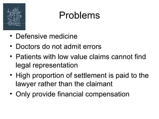 Problems

• Defensive medicine
• Doctors do not admit errors
• Patients with low value claims cannot find
  legal representation
• High proportion of settlement is paid to the
  lawyer rather than the claimant
• Only provide financial compensation
 