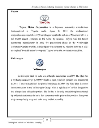 A Study on Factors Affecting Customers buying behavior at MK Motors
Girideepam Institute of Advanced Learning
18
Toyota
Toyota Motor Corporation is a Japanese automotive manufacturer
headquartered in Toyota, Aichi, Japan. In 2013 the multinational
corporation consisted of333,498 employees worldwide and, as of November 2014, is
the twelfth-largest company in the world by revenue. Toyota was the largest
automobile manufacturer in 2012 (by production) ahead of the Volkswagen
Group and General Motors. The company was founded by Kiichiro Toyoda in 1937
as a spinoff from his father's company Toyota Industries to create automobiles.
Volkswagen
Volkswagen plant on India was officially inaugurated on 2009. The plant has
a production capacity of 1,30,000 vehicles a year, which in capacity was maximized
in 2011. The construction of the plant commenced in 2007.The Pune plant is one of
the most modern in the Volkswagen Group. It has a high level of vertical integration
and a large share of local suppliers. The facility is the only production plant operated
by a German automaker in India that covers the entire production process, frompress
shop through body shop and paint shop to final assembly.
 