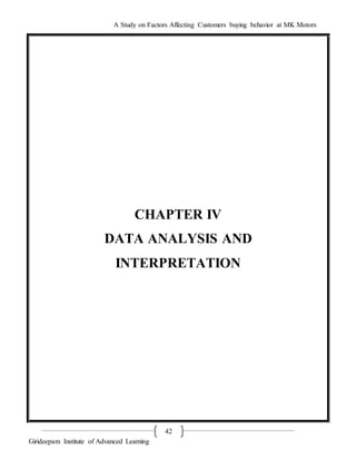 A Study on Factors Affecting Customers buying behavior at MK Motors
Girideepam Institute of Advanced Learning
42
CHAPTER IV
DATA ANALYSIS AND
INTERPRETATION
 