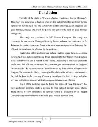 A Study on Factors Affecting Customers buying behavior at MK Motors
Girideepam Institute of Advanced Learning
67
Conclusion
The title of the study is “Factors affecting Customers Buying Behavior”.
This study was conducted to find out what are the factor that affect customer buying
behavior in purchasing a car. The factors which affect are price, color, specifications
good features, mileage etc. Most the people buy cars on the basis of good features
mileage etc.
The study was conducted in MK Motors Kottayam. The study was
conducted for one month. Through this study I came to know that customers prefer
Tata cars for business purposes. So as to increase sales, company must bring out fuel
efficient car which can be afforded by the customer.
Factors that affect customer are cultural factors, social factors, economic
factors etc. Customers sometimes are driven according to their factors when purchase
a car. Some buy car that is valued in the society. According to the study customers
prefer most fuel efficient car Most of the customers give more emphasis on design of
the automobile. So necessary steps should be taken by Tata Motors to improve the
design of the automobile. If the company builds relationship with the customers then
they will be loyal to the company. Company should provide free checkups and other
services so that the customer will think company is taking care of them.
Most of the customer says the brand has got good value for money. For
more customers company needs to increase its retail network in many major places.
There should be new innovation in vehicles which is affordable by all people.
Customer care must be increased to build good relation between them.
 