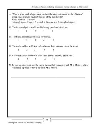 A Study on Factors Affecting Customers buying behavior at MK Motors
Girideepam Institute of Advanced Learning
73
 What is your level of agreement on the following statements on the effects of
price on consumers buying behavior of the automobile?
Use a scale of 1-5 where
1 strongly agree, 2 agree, 3 neutral, 4 disagree and 5 strongly disagree.
16. The increased price would not hinder my purchase intentions.
1 2 3 4 5
17. The brand provides good value for money.
1 2 3 4 5
18. The car brand has sufficient color choices that customer values the most.
1 2 3 4 5
19. Customer always believe in what their friends, relative, prefer most.
1 2 3 4 5
20. In your opinion, what are the major factors that you notice with M K Motors, which
can make a personto buy a car from M K Motors.
_________________________________________________________________
 