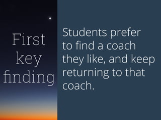 First
key
finding
Students prefer
to find a coach
they like, and keep
returning to that
coach.
 