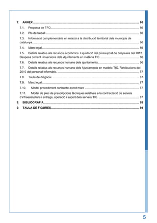 7.

ANNEX ................................................................................................................................. 86
7.1.

Proposta de TFG ........................................................................................................... 86

7.2.

Pla de treball ................................................................................................................. 86

7.3. Informació complementària en relació a la distribució territorial dels municipis de
catalunya.................................................................................................................................. 86
7.4.

Marc legal ...................................................................................................................... 86

7.5. Detalls relatius als recursos econòmics. Liquidació del pressupost de despeses del 2012.
Despesa corrent i inversions dels Ajuntaments en matèria TIC. ............................................... 86
7.6.

Detalls relatius als recursos humans dels ajuntaments .................................................. 86

7.7. Detalls relatius als recursos humans dels Ajuntaments en matèria TIC. Retribucions del
2010 del personal informàtic. ................................................................................................... 87
7.8.

Taula de diagnosi. ......................................................................................................... 87

7.9.

Marc legal ...................................................................................................................... 87

7.10.

Model procediment contracte acord marc .................................................................. 87

7.11.
Model de plec de prescripcions tècniques relatives a la contractació de serveis
d’infraestructura i entrega, operació i suport dels serveis TIC. ................................................. 87
8.

BIBLIOGRAFIA.................................................................................................................... 88

9.

TAULA DE FIGURES ........................................................................................................... 89

5

 