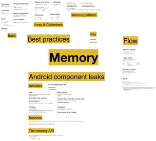 Memory
memory leaks
memory churns
Best practices
Don't use a bigger primitive type if you don't
really need it: never use long, ﬂoat, or double if
you can represent the number with an integer.
Data types
Autoboxing
should be avoided as much as possible
Sparse array family
The number of objects you are dealing with is below a thousand and you are
not going to do a lot of additions and deletions
You are using collections of maps with few items, but lots of iterations
SparseArray
LongSparseArray
SparseIntArray
SparseLongArray
SparseBooleanArray
ArrayMap
Array & Collections
Array
Enhanced for loop syntax is
the fastest way
Enum
static ﬁnal integer values
Constants
should be static and ﬁnal
memory savings
avoid initialization in the Java compiler <clinit> method. Object management
Create fewer temporary objects, as they are often garbage collected,
avoid instantiating unnecessary objects, as they are expensive for memory
and computational performance.
StringBuffer
StringBuilder
thread safe
To avoid this unnecessary waste of memory, if you know an estimation
of the string capacity you are dealing with
work on character arrays
String concatenation
Local variables
extract that object from the method
only instantiated once and it's available throughout the life cycle of the class object
Streams
incorrect closeTWR
Memory patterns
The object pool pattern
AsyncTask worker thread
RecyclerView recycled views
limit garbage collection
avoid memory churns
The FlyWeight pattern
expensive creation objects
reduce the load into memory by saving the state shared by all of the objects
Android component leaks
Activities
There is a strong reference between the activity and every
single contained view
static classes
static ﬁelds with activity dependencies
singletons
keyword this inside the activity code
strong reference to an object with a longer lifetime.
Context.getApplicationContext()
Non-static inner classes
set the inner class as a static one
provide the reference to that
use a weaker reference to achieve cleaner memory management
Singletons
use a WeakReference inside singleton
Anonymous inner classes
Handlers
Services
handler.postDelayed
anonymous inner classes, let's export that class, setting it as static
handler.removeCallbacksAndMessages(null);
Use IntentService every time you can because of the automatic nalization and because this way you don't risk creating memory leaks with services.
make sure that the Service is ﬁnished as soon as it completes its task.
The memory API
Never use the largeHeap attribute inside the Android manifest ﬁle to avoid OutOfMemoryError
ComponentCallback2
@Override
public void onTrimMemory(int level) {
switch (level) {
case TRIM_MEMORY_COMPLETE:
//app invisible - mem low - lru bottom
case TRIM_MEMORY_MODERATE:
//app invisible - mem low - lru medium
case TRIM_MEMORY_BACKGROUND:
//app invisible - mem low - lru top
case TRIM_MEMORY_UI_HIDDEN:
//app invisible - lru top
case TRIM_MEMORY_RUNNING_CRITICAL:
//app visible - mem critical - lru top
case TRIM_MEMORY_RUNNING_LOW:
//app visible - mem low - lru top
case TRIM_MEMORY_RUNNING_MODERATE:
//app visible - mem moderate - lru top
break;
}
}
onTrimMemory
LogCat
if the behavior of our application is correct.
Dalvik
D/dalvikvm: <GcReason> <AmountFreed>, <HeapStats>, <ExternalMemoryStats>, <PauseTime>
GC_CONCURRENT: It follows the GC event when the heap needs to be cleared.
GC_FOR_MALLOC: It follows the request of allocation of new memory, but there is not enough space to do it.
GC_HPROF_DUMP_HEAP: It follows a debug request to proﬁle the heap. We will see what this means in the following pages.
GC_EXPLICIT: It follows a forced explicit request of System.gc() that, as we mentioned, should be avoided.
GC_EXTERNAL_ALLOC: It follows a request for external memory. This can happen only on devices lower or equal to Android Gingerbread (API Level 10), because in those devices, memory has different entries, but for later devices the memory is handled in the heap as a whole.
D/dalvikvm(9932): GC_CONCURRENT freed 1394K, 14% free 32193K/37262K, external 18524K/24185K, paused 2ms
ART
I/art: <GcReason> <GcName> <ObjectsFreed>(<SizeFreed>) AllocSpace Objects, <LargeObjectsFreed>(<LargeObjectSizeFreed>) <HeapStats> LOS objects, <PauseTimes>
Concurrent: It follows a concurrent GC event. This kind of event is executed in a different thread from the allocating one, so this one doesn't force the other application threads to stop, including the UI thread.
Alloc: It follows the request for the allocation of new memory, but there is not enough space to do it. This time, all the application threads are blocked until the garbage collection ends.
Explicit: It follows a forced explicit request of System.gc() that should be avoided for ART as well as for Dalvik.
NativeAlloc: It follows the request for memory by native allocations.
CollectorTransition: It follows the garbage collector switch on low memory devices.
HomogenousSpaceCompact: It follows the need of the system to reduce memory usage and to defragment the heap.
DisableMovingGc: It follows the collection block after a call to a particular internal method, called GetPrimitiveArrayCritical.
HeapTrim: It follows the collection block because a heap trim isn't ﬁnished.
I/art : Explicit concurrent mark sweep GC freed 125742(6MB) AllocSpace objects, 34(576KB) LOS objects, 22% free, 25MB/32MB, paused 1.621ms total 73.285ms
The ActivityManager API
setWatchHeapLimit
clearWatchHeapLimit
https://developer.android.com/studio/proﬁle/allocation-tracker-walkthru.html
https://developer.android.com/studio/proﬁle/heap-viewer-walkthru.html
Getting a sense of how your app allocates and frees memory.
Identifying memory leaks
call stack
size allocating code
types of objects
how many
sizes
https://developer.android.com/studio/proﬁle/am-memory.html
slowness might be related to excessive garbage collection events
crashes may be related to running out of memory
Memory Monitor
Heap Viewer
Allocation Tracker
compare the heap dumps
creates multiple times but doesn’t destroy
growing memory leak
large arrays
https://developer.android.com/studio/proﬁle/investigate-ram.html
https://developer.android.com/studio/proﬁle/am-allocation.html
object types
Analyzer Tasks
leaked activities
duplicate strings
View
List
for > while > Iterator
private void iteratorCycle(List<String> list) {
Iterator<String> iterator = list.iterator();
while (iterator.hasNext()) {
String stemp = iterator.next();
}
}
private void whileCycle(List<String> list) {
int j = 0;
while (j < list.size()) {
String stemp = (String) list.get(j);
j++;
}
}
private void forCycle(List<String> list) {
for (int i = 0; i < list.size(); i++) {
String stemp = (String) list.get(i);
}
}
private void classicCycle(Dummy[] dummies) {
int sum = 0;
for (int i = 0; i < dummies.length; ++i) {
sum += dummies[i].dummy;
}
}
private void fasterCycle(Dummy[] dummies) {
int sum = 0;
int len = dummies.length;
for (int i = 0; i < len; ++i) {
sum += dummies[i].dummy;
}
}
private void enhancedCycle(Dummy[] dummies) {
int sum = 0;
for (Dummy a : dummies) {
sum += a.dummy;
}
}
java.lang.Byte
java.lang.Short
java.lang.Integer
java.lang.Long
java.lang.Float
java.lang.Double
java.lang.Boolean
java.lang.Character
byte: 8 bits
short: 16 bits
int: 32 bits
long: 64 bits
ﬂoat: 32 bits
double: 64 bits
boolean: 8 bits, but it depends on the virtual machine
char: 16 bits
CPU calculation performance cost memory saving
HashMap
memory wasteCPU operations faster
avoid autoboxing be careful autoboxing
Compaction Resize
deﬁne type compile check
use annotation to have a limited number of values
new too many object
Good:
Bad:
Fix:
Basic
Iterate speed
Flow
Key
Runnable
 