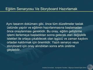 Anadolu Üniversitesi Açıköğretim Fakültesi Bilgisayar Destekli Eğitim Birimi
Aynı tasarım dokümanı gibi, önce tüm düzeltmeler taslak
üstünde yapılır ve eğitimin hazırlanmasına başlamadan
önce onaylanması gereklidir. Bu onay, eğitim geliştirme
işlemi ilerlemeye başladıktan sonra gelecek olan değişiklik
istekleri ile ortaya çıkabilecek olan işgücü ve zaman kaybını
ortadan kaldırmak için önemlidir. Yazılı senaryo veya
storyboard için onay alındıktan sonra artık üretime
geçilebilir.
Eğitim Senaryosu Ve Storyboard Hazırlamak
 