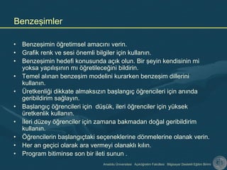 Anadolu Üniversitesi Açıköğretim Fakültesi Bilgisayar Destekli Eğitim Birimi
Benzeşimler
• Benzeşimin öğretimsel amacını verin.
• Grafik renk ve sesi önemli bilgiler için kullanın.
• Benzeşimin hedefi konusunda açık olun. Bir şeyin kendisinin mi
yoksa yapılışının mı öğretileceğini bildirin.
• Temel alınan benzeşim modelini kurarken benzeşim dillerini
kullanın.
• Üretkenliği dikkate almaksızın başlangıç öğrencileri için anında
geribildirim sağlayın.
• Başlangıç öğrencileri için düşük, ileri öğrenciler için yüksek
üretkenlik kullanın.
• İleri düzey öğrenciler için zamana bakmadan doğal geribildirim
kullanın.
• Öğrencilerin başlangıçtaki seçeneklerine dönmelerine olanak verin.
• Her an geçici olarak ara vermeyi olanaklı kılın.
• Program bitiminse son bir ileti sunun .
 
