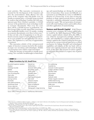 ment activities. This innovative environment ac-
counted for the development of the transistor and
then the semiconductor. Today Moore’s law—the
power of the computer chip will double every 18
months at constant price—is actually being exceeded
by modern chip technology. Combine this with man-
agement guru Peter Drucker’s postulate: A 10-fold
increase in the productivity of any technology results
in economic discontinuity. Thus every five years
there will be a 10-fold increase in productivity. Au-
thor George Gilder recently argued that communica-
tions bandwidth doubles every 12 months, creating
an economic discontinuity every three to four years.7
It does not take a lot of imagination to see the pro-
found economic impact of such galloping productiv-
ity on every product use and application one can en-
vision. The explosion in a vast array of opportunities
is imminent.
This innovation cylinder of the entrepreneurial
engine of America’s economy has led to the creation
of major new inventions and technologies. Exhibit
1.5 summarizes some of these major innovations.
Today the fast pace of innovation is actually accel-
erating. New scientific breakthroughs in biotechnol-
ogy and nanotechnology are driving the next great
waves of innovation. Nano means one-billionth, so a
nanometer is one-billionth of a meter or 1/80,000 the
diameter of a human hair. A new class of nano-size
products in drugs, optical network devices, and bulk
materials is attracting substantial research funding
and private equity.8
The next generation of entrepre-
neurs will create leading ventures and wealth in these
and other applications of nanotechnology.
Venture and Growth Capital If the Chinese
economy were a company, the venture capital indus-
try would be the R&D department.9
When China’s
venture capital industry started off in the 1990s, it
was relatively inconspicuous, inchoate, limited in
scale, and embedded in a unique cultural context.10
Venture capital in the Chinese context has been pro-
moted not as a means to private gain but as a critical
mechanism for linking scientific and technological
capabilities and outputs, on the one hand, with na-
tional and regional economic and social develop-
ment, on the other. The amount of venture capital is
an important determinant of a region’s rate of patent
filings.11
18 Part I The Entrepreneurial Mind for an Entrepreneurial World
7
Jeffry Timmons is indebted to Robert Compton, a colleague on the board of directors of the Kauffman Center for Entrepreneurial Leadership, for bringing his
attention to these economic discontinuities arguments.
8
Red Herring, “Nanotech Grows Up,” June 15 and July 1, 2001, pp. 47–58.
9
Samuel S. Kortum and Josh Lerner, “
Does Venture Capital Spur Innovation?” retrieved from the Social Science Research Network database,
http://ssrn.com/abstract=10583.
10
Feng Zeng, Venture Capital Investments in China (Santa Monica, CA: RAND Corp., 2004).
11
Steven White, Jian Gao, and Wei Zhang, “Financial Systems, Investment in Innovation, and Venture Capital: The Case of China,” in Financial Systems,
Corporate Investment in Innovation, and Venture Capital (pp. 159–196), edited by Anthony Bartzokas and Sunil Mani (Cheltenham, Glos, UK: Edward
Elgar, 2004).
EXHIBIT 1.5
Major Inventions by U.S. Small Firms
Acoustical suspension speakers Aerosol can Air conditioning
Airplane Artificial skin Assembly line
Audiotape recorder Automatic fabric cutting Automatic transfer equipment
Bakelite Biosynthetic insulin Catalytic petroleum cracking
Continuous casting Cotton picker Fluid flow meter
Fosin fire extinguisher Geodesic dome Gyrocompass
Heart valve Heat sensor Helicopter
Heterodyne radio High-capacity computer Hydraulic brake
Leaning machine Link trainer Nuclear magnetic resonance
Pacemaker Personal computer Prefabricated housing
Piezo electrical devices Polaroid camera Pressure-sensitive cellophone
Quick-frozen foods Rotary oil drilling bit Safety razor
Six-axis robot arm Soft contact lens Sonar fish monitoring
Spectrographic grid Stereographic image sensoring Zipper
Source: Office of Advocacy of the U.S. Small Business Administration.
tim81551_ch01IT.qxd 1/30/12 12:00 PM Page 18
Sam
ple
C
hapter
 