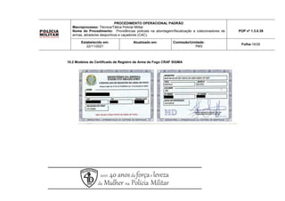 10.2 Modelos de Certificado de Registro de Arma de Fogo CRAF SIGMA
PROCEDIMENTO OPERACIONAL PADRÃO
Macroprocesso: Técnica/Tática Policial Militar
Nome do Procedimento: Providências policiais na abordagem/fiscalização a colecionadores de
armas, atiradores desportivos e caçadores (CAC).
POP nº 1.3.0.39
Estabelecido em:
22/11/2021
Atualizado em: Comissão/Unidade:
PM3
Folha:16/26
 