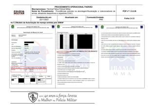 10.7.2 Modelo de Autorização de manejo emitida pelo SIMAF
PROCEDIMENTO OPERACIONAL PADRÃO
Macroprocesso: Técnica/Tática Policial Militar
Nome do Procedimento: Providências policiais na abordagem/fiscalização a colecionadores de
armas, atiradores desportivos e caçadores (CAC).
POP nº 1.3.0.39
Estabelecido em:
22/11/2021
Atualizado em: Comissão/Unidade:
PM3
Folha:24/26
ESTA AUTORIZAÇÃO NÃO PERMITE
 