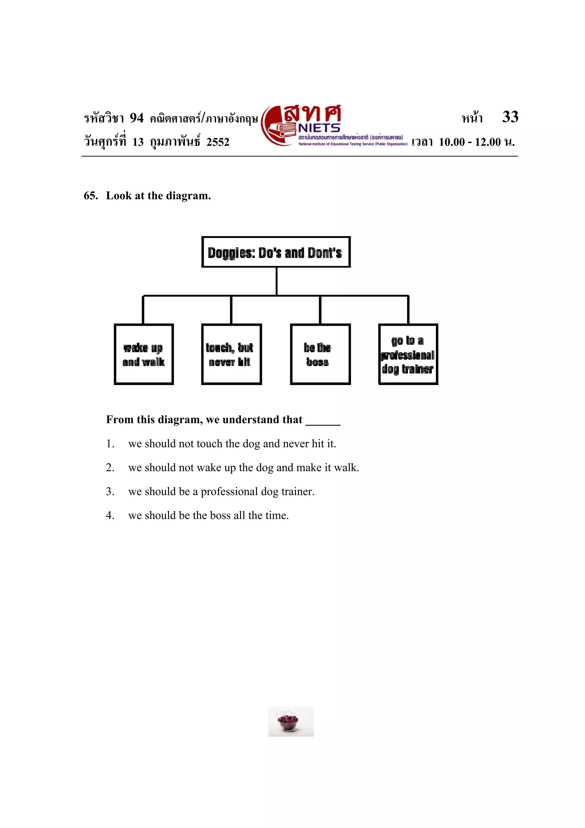 รหัสวิชา 94 คณิตศาสตร/ภาษาอังกฤษ                                 หนา 33
วันศุกรที่ 13 กุมภาพันธ 2552                           เวลา 10.00 - 12.00 น.


65. Look at the diagram.




    From this diagram, we understand that ______
    1. we should not touch the dog and never hit it.
    2. we should not wake up the dog and make it walk.
    3. we should be a professional dog trainer.
    4. we should be the boss all the time.
 