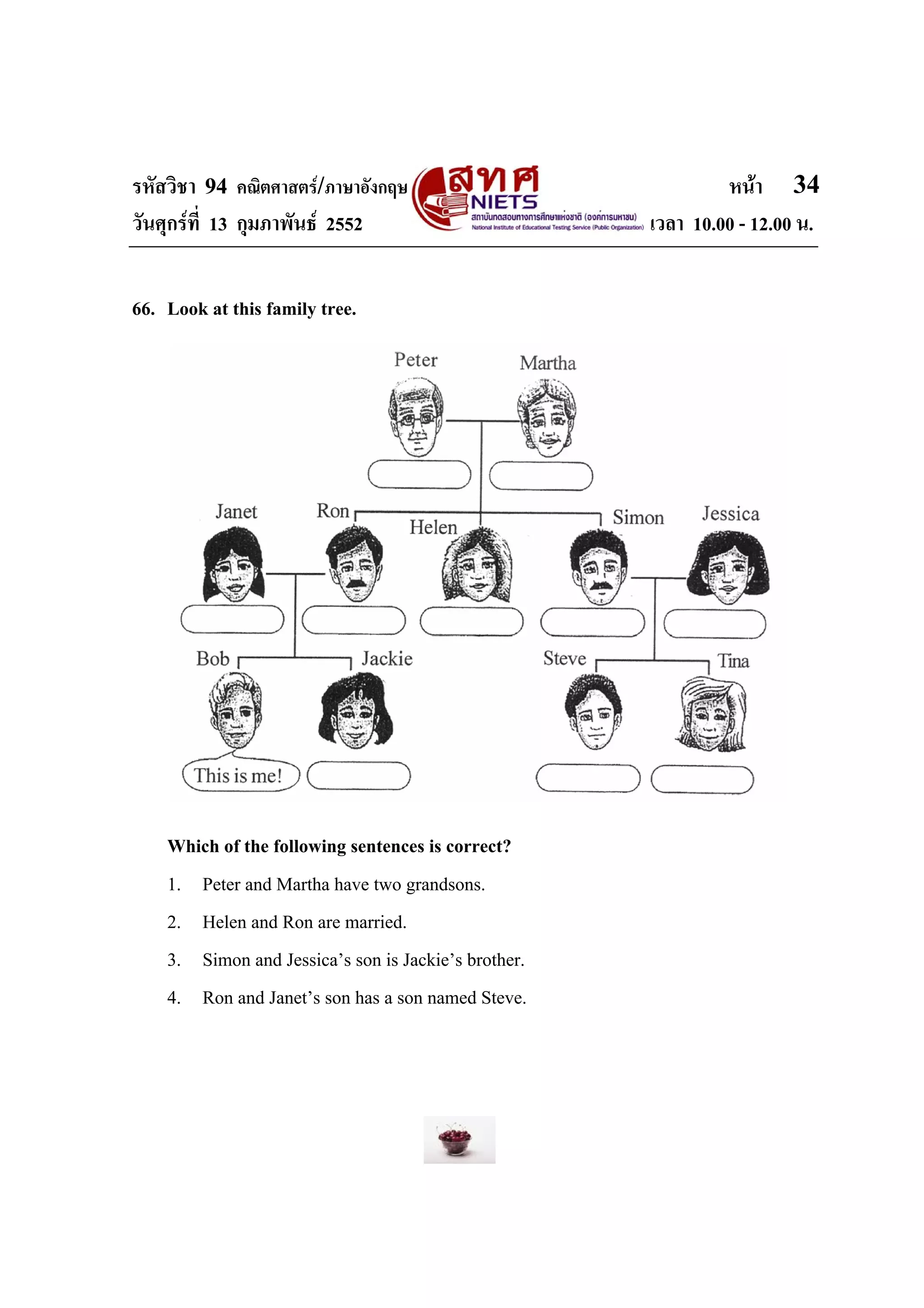 รหัสวิชา 94 คณิตศาสตร/ภาษาอังกฤษ                              หนา 34
วันศุกรที่ 13 กุมภาพันธ 2552                        เวลา 10.00 - 12.00 น.


66. Look at this family tree.




    Which of the following sentences is correct?
    1. Peter and Martha have two grandsons.
    2. Helen and Ron are married.
    3. Simon and Jessica’s son is Jackie’s brother.
    4. Ron and Janet’s son has a son named Steve.
 