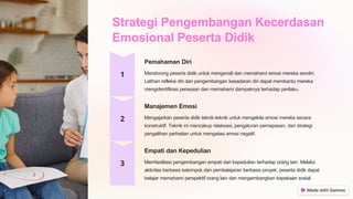 Strategi Pengembangan Kecerdasan
Emosional Peserta Didik
Pemahaman Diri
Mendorong peserta didik untuk mengenali dan memahami emosi mereka sendiri.
Latihan refleksi diri dan pengembangan kesadaran diri dapat membantu mereka
mengidentifikasi perasaan dan memahami dampaknya terhadap perilaku.
Manajemen Emosi
Mengajarkan peserta didik teknik-teknik untuk mengelola emosi mereka secara
konstruktif. Teknik ini mencakup relaksasi, pengaturan pernapasan, dan strategi
pengalihan perhatian untuk mengatasi emosi negatif.
Empati dan Kepedulian
Memfasilitasi pengembangan empati dan kepedulian terhadap orang lain. Melalui
aktivitas berbasis kelompok dan pembelajaran berbasis proyek, peserta didik dapat
belajar memahami perspektif orang lain dan mengembangkan kepekaan sosial.
 