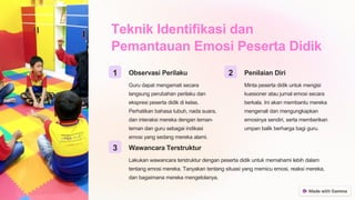 Teknik Identifikasi dan
Pemantauan Emosi Peserta Didik
1 Observasi Perilaku
Guru dapat mengamati secara
langsung perubahan perilaku dan
ekspresi peserta didik di kelas.
Perhatikan bahasa tubuh, nada suara,
dan interaksi mereka dengan teman-
teman dan guru sebagai indikasi
emosi yang sedang mereka alami.
2 Penilaian Diri
Minta peserta didik untuk mengisi
kuesioner atau jurnal emosi secara
berkala. Ini akan membantu mereka
mengenali dan mengungkapkan
emosinya sendiri, serta memberikan
umpan balik berharga bagi guru.
3 Wawancara Terstruktur
Lakukan wawancara terstruktur dengan peserta didik untuk memahami lebih dalam
tentang emosi mereka. Tanyakan tentang situasi yang memicu emosi, reaksi mereka,
dan bagaimana mereka mengelolanya.
 