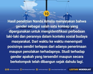 10
Rerielestarimoerdijatlestarimoerdijat rerieLmoerdijat www.lestarimoerdijat.com
Hasil penelitian Nanda Amalia menyatakan bahwa
gender sebagai salah satu konsep yang
dipergunakan untuk mengidentiﬁkasi perbedaan
laki-laki dan perannya dalam konteks sosial budaya
masyarakat. Dari waktu ke waktu menempati
posisinya sendiri terlepas dari adanya penerimaan
maupun penolakan terhadapnya. Studi terhadap
gender apakah yang tersendiri maupun secara
berkelompok telah dibangun sejak dahulu lagi.
LESTARI MOERDIJAT
 