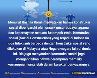 6
Rerielestarimoerdijatlestarimoerdijat rerieLmoerdijat www.lestarimoerdijat.com
Menurut Rashila Ramli menyatakan bahwa konstruksi
sosial dipengaruhi oleh unsur- unsur budaya, agama
dan kepercayaan sesuatu kelompok etnis. Konstruksi
sosial (Social Construction) yang terjadi di Indonesia
juga tidak jauh berbeda dengan konstruksi sosial yang
dilakukan di Malaysia atau Negara-negara lain di dunia
ini. Dia juga menyatakan konstruksi sosial juga
mengandaikan bahwa perempuan memiliki
kemampuan yang lebih dalam karakter penyayangnya.
LESTARI MOERDIJAT
 
