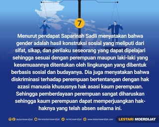 7
Rerielestarimoerdijatlestarimoerdijat rerieLmoerdijat www.lestarimoerdijat.com
Menurut pendapat Saparinah Sadli menyatakan bahwa
gender adalah hasil konstruksi sosial yang meliputi dari
sifat, sikap, dan perilaku seseorang yang dapat dipelajari
sehingga sesuai dengan perempuan maupun laki-laki yang
kesemuaannya ditentukan oleh lingkungan yang dibentuk
berbasis sosial dan budayanya. Dia juga menyatakan bahwa
diskriminasi terhadap perempuan bertentangan dengan hak
azasi manusia khususnya hak asasi kaum perempuan.
Sehingga pemberdayaan perempuan sangat diharuskan
sehingga kaum perempuan dapat memperjuangkan hak-
haknya yang telah absen selama ini.
LESTARI MOERDIJAT
 