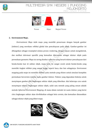 MULTIMEDIA SMK NEGERI 1 PUNGGING
MOJOKERTO
PROV. J A W A T I M U R
SMK NEGERI 1 PUNGGING MOJOKERTO JAWA TIMUR
2. Environment Maps.
Environtment Maps ialah maps yang memiliki pewarnaan dengan banyak gambar
(tekstur) yang merekam refleksi global dan pencahayaan pada objek. Gambar-gambar ini
difungsikan sebagai resampled selama proses rendering, dengan tujuan untuk mengekstrak,
dan melihat informasi spesifik yang kemudian diterapkan sebagai tekstur objek pada
permukaan geometri. Maps ini sering disebut reflection yang berarti tekstur pencahayaan dari
benda-benda luar di sekitar objek, maps jenis ini sangat cocok untuk benda-benda yang
memiliki tingkat refleksi yang sangat tinggi, seperti kaca, dan lain sebagainya. Environmet
mapping pada maps ini memiliki definisi yaitu metode yang efisien untuk simulasi kompleks
permukaan bercermin melalui suatu gambar tekstur. Tekstur yang digunakan bekerja untuk
menyimpan gambar dari lingkungan sekitar objek yang diberikan. Ada beberapa cara untuk
menyimpan tekstur lingkungan sekitar objek, salah satu metode yang paling umum adalah
metode Spherical Environment Mapping, di mana dalam metode ini suatu tekstur yang berisi
citra lingkungan sekitar akan direfleksikan sebagai bola cermin, dan kemudian dimasukkan
sebagai tekstur objek yang diberi maps.
 