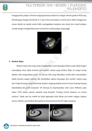 MULTIMEDIA SMK NEGERI 1 PUNGGING
MOJOKERTO
PROV. J A W A T I M U R
SMK NEGERI 1 PUNGGING MOJOKERTO JAWA TIMUR
menggunakan poligon. Normal mapping biasanya diakurasi sebagai sebuah gambar RGB yang
berhubungan dengan koordinat X, Y, dan Z dari permukaan normal suatu objek. Penggunaan
umum teknik ini adalah untuk lebih meningkatkan tampilan dan detail dari model poligon
rendah dengan menghasilkan peta normal dari model poligon yang tinggi.
5. Shadow Maps.
Shadow maps yaitu maps yang menghasilkan suatu bayangan tekstur pada objek dengan
menangkap siluet objek tersebut dari sumber cahaya yang terlihat. Maps ini sangat sering
dipakai oleh pengembang grafik 3D, karena efek yang dihasilkan seolah-olah menunjukkan
objek tersebut sangat realistis, dan disebabkan adanya bayangan dari sumber cahaya yang
ada. Fungsi kerjanya yang berkonsep shadow mapping adalah proses di mana bayang-bayang
ditambahkan ke grafik komputer 3D. Konsep ini diperkenalkan oleh Lance Williams pada
tahun 1978, dalam sebuah makalah yang berjudul "Casting curved shadows on curved
surfaces". Sejak saat itu, teknik ini telah digunakan baik dalam pra-render adegan, dipakai
secara realtime, atau bahkan diterapkan ke banyak konsol dan PC high-end game.
 
