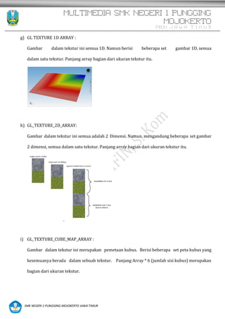 MULTIMEDIA SMK NEGERI 1 PUNGGING
MOJOKERTO
PROV. J A W A T I M U R
SMK NEGERI 1 PUNGGING MOJOKERTO JAWA TIMUR
g) GL TEXTURE 1D ARRAY :
Gambar dalam tekstur ini semua 1D. Namun berisi beberapa set gambar 1D, semua
dalam satu tekstur. Panjang array bagian dari ukuran tekstur itu.
h) GL_TEXTURE_2D_ARRAY:
Gambar dalam tekstur ini semua adalah 2 Dimensi. Namun, mengandung beberapa set gambar
2 dimensi, semua dalam satu tekstur. Panjang array bagian dari ukuran tekstur itu.
i) GL_TEXTURE_CUBE_MAP_ARRAY :
Gambar dalam tekstur ini merupakan pemetaan kubus. Berisi beberapa set peta kubus yang
kesemuanya berada dalam sebuah tekstur. Panjang Array * 6 (jumlah sisi kubus) merupakan
bagian dari ukuran tekstur.
 
