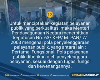 13
Untuk menciptakan kegiatan pelayanan
publik yang berkualitas, maka Menteri
Pendayagunaan Negara menerbitkan
keputusan No. 63/ KEP/ M. PAN/ 7/
2003 mengenai pola penyelenggaraan
pelayanan publik, yang antara lain :
Pertama, Fungsional. Pola pelayanan
publik diberikan oleh penyelenggara
pelayanan, sesuai dengan tugas, fungsi
dan kewenangannya.
Rerielestarimoerdijatlestarimoerdijat rerieLmoerdijat www.lestarimoerdijat.com LESTARI MOERDIJAT
 