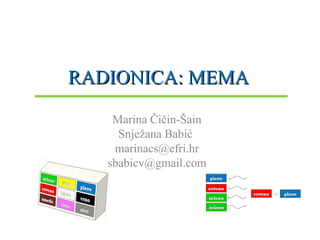 RADIONICA: MEMARADIONICA: MEMA
Marina Čičin-Šain
Snježana Babić
marinacs@efri.hr
sbabicv@gmail.com
 