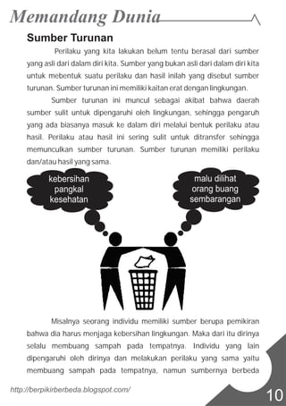 Sumber Turunan
Perilaku yang kita lakukan belum tentu berasal dari sumber
yang asli dari dalam diri kita. Sumber yang bukan asli dari dalam diri kita
untuk mebentuk suatu perilaku dan hasil inilah yang disebut sumber
turunan. Sumber turunan ini memiliki kaitan erat dengan lingkungan.
Sumber turunan ini muncul sebagai akibat bahwa daerah
sumber sulit untuk dipengaruhi oleh lingkungan, sehingga pengaruh
yang ada biasanya masuk ke dalam diri melalui bentuk perilaku atau
hasil. Perilaku atau hasil ini sering sulit untuk ditransfer sehingga
memunculkan sumber turunan. Sumber turunan memiliki perilaku
dan/atau hasil yang sama.
Misalnya seorang individu memiliki sumber berupa pemikiran
bahwa dia harus menjaga kebersihan lingkungan. Maka dari itu dirinya
selalu membuang sampah pada tempatnya. Individu yang lain
dipengaruhi oleh dirinya dan melakukan perilaku yang sama yaitu
membuang sampah pada tempatnya, namun sumbernya berbeda
http://berpikirberbeda.blogspot.com/
10
 