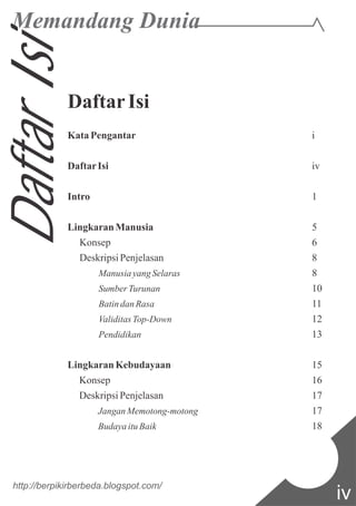 http://berpikirberbeda.blogspot.com/
iv
DaftarIsi
KataPengantar i
DaftarIsi iv
Intro 1
Lingkaran Manusia 5
Konsep 6
Deskripsi Penjelasan 8
ManusiayangSelaras 8
Sumber Turunan 10
BatindanRasa 11
ValiditasTop-Down 12
Pendidikan 13
Lingkaran Kebudayaan 15
Konsep 16
Deskripsi Penjelasan 17
JanganMemotong-motong 17
BudayaituBaik 18
DaftarIsi
 