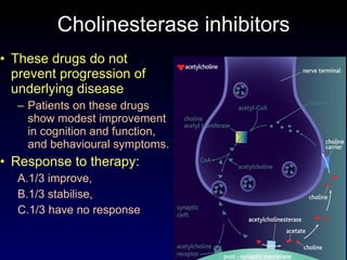 Cholinesterase inhibitors These drugs do not prevent progression of underlying disease Patients on these drugs show modest improvement in cognition and function, and behavioural symptoms. Response to therapy:  1/3 improve,  1/3 stabilise,  1/3 have no response 