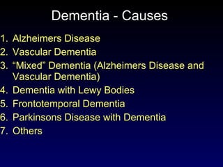 Dementia - Causes  Alzheimers Disease Vascular Dementia “ Mixed” Dementia (Alzheimers Disease and Vascular Dementia) Dementia with Lewy Bodies Frontotemporal Dementia Parkinsons Disease with Dementia Others 