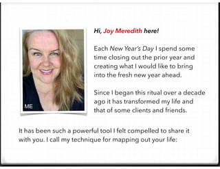 Hi, Joy Meredith here!
Each New Year’s Day I spend some
time closing out the prior year and
creating what I would like to bring
into the fresh new year ahead.
Since I began this ritual over a decade
ago it has transformed my life and
that of some clients and friends.
It has been such a powerful tool I felt compelled to share it
with you. I call my technique for mapping out your life:
ME
 