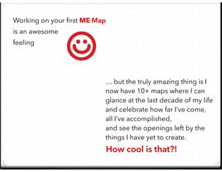 How cool is that?!
… but the truly amazing thing is I
now have 10+ maps where I can
glance at the last decade of my life
and celebrate how far I’ve come,
all I’ve accomplished,
and see the openings left by the
things I have yet to create.
Working on your first ME Map
is an awesome
feeling
 