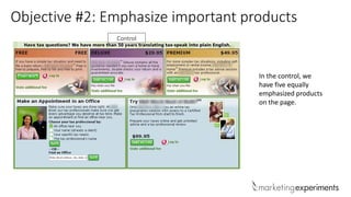 Objective #2: Emphasize important products
In the control, we
have five equally
emphasized products
on the page.
Control
 