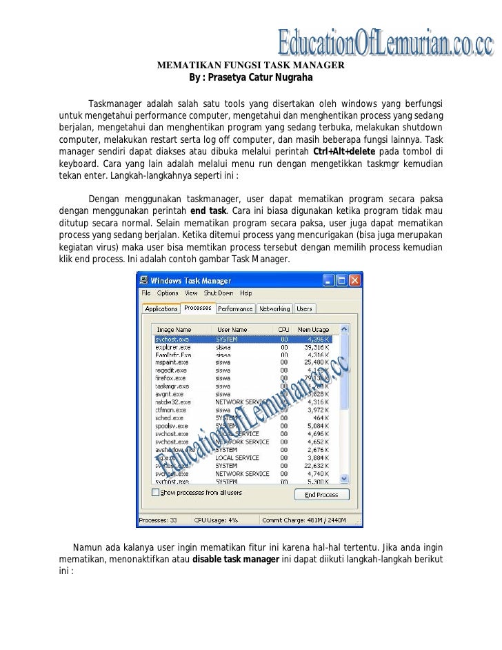 Mematikan fungsi task manager Mematikan fungsi task manager