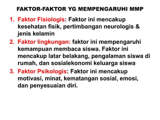 FAKTOR-FAKTOR YG MEMPENGARUHI MMP
1. Faktor Fisiologis: Faktor ini mencakup
kesehatan fisik, pertimbangan neurologis &
jenis kelamin
2. Faktor lingkungan: faktor ini mempengaruhi
kemampuan membaca siswa. Faktor ini
mencakup latar belakang, pengalaman siswa di
rumah, dan sosialekonomi keluarga siswa
3. Faktor Psikologis: Faktor ini mencakup
motivasi, minat, kematangan sosial, emosi,
dan penyesuaian diri.
 