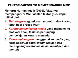 FAKTOR-FAKTOR YG MEMPENGARUHI MMP
Menurut Nurnaningsih (2009), faktor yg
mempengaruhi MMP adalah faktor guru dapat
dilihat dari:
1. Metode guru yg terkesan monoton dan kurang
tepat bagi proses MMP
2. Kurang pemanfaatan media yang memancing
motivasi anak, fasilitas penunjang
pembelajaran kurang memadai
3. Keterampilan guru menggunakan media yang
tersediabelum dapat meningkatkan dan
merangsang kreativitas dalam membaca dan
menulis
 