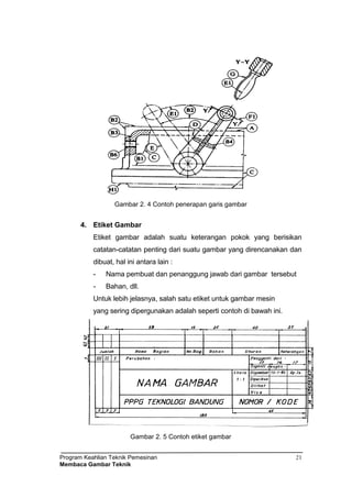 Program Keahlian Teknik Pemesinan
Membaca Gambar Teknik
21
Gambar 2. 4 Contoh penerapan garis gambar
4. Etiket Gambar
Etiket gambar adalah suatu keterangan pokok yang berisikan
catatan-catatan penting dari suatu gambar yang direncanakan dan
dibuat, hal ini antara lain :
- Nama pembuat dan penanggung jawab dari gambar tersebut
- Bahan, dll.
Untuk lebih jelasnya, salah satu etiket untuk gambar mesin
yang sering dipergunakan adalah seperti contoh di bawah ini.
Gambar 2. 5 Contoh etiket gambar
 