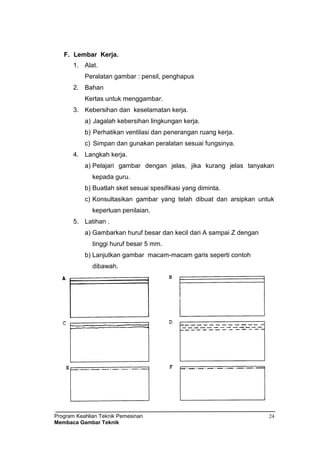 Program Keahlian Teknik Pemesinan
Membaca Gambar Teknik
24
F. Lembar Kerja.
1. Alat.
Peralatan gambar : pensil, penghapus
2. Bahan
Kertas untuk menggambar.
3. Kebersihan dan keselamatan kerja.
a) Jagalah kebersihan lingkungan kerja.
b) Perhatikan ventilasi dan penerangan ruang kerja.
c) Simpan dan gunakan peralatan sesuai fungsinya.
4. Langkah kerja.
a) Pelajari gambar dengan jelas, jika kurang jelas tanyakan
kepada guru.
b) Buatlah sket sesuai spesifikasi yang diminta.
c) Konsultasikan gambar yang telah dibuat dan arsipkan untuk
keperluan penilaian.
5. Latihan .
a) Gambarkan huruf besar dan kecil dari A sampai Z dengan
tinggi huruf besar 5 mm.
b) Lanjutkan gambar macam-macam garis seperti contoh
dibawah.
 