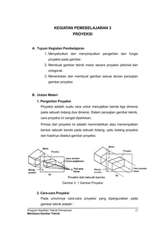 Program Keahlian Teknik Pemesinan
Membaca Gambar Teknik
25
KEGIATAN PEMEBELAJARAN 3
PROYEKSI
A. Tujuan Kegiatan Pembelajaran
1. Menyebutkan dan menyimpulkan pengertian dan fungsi
proyeksi pada gambar.
2. Membuat gambar teknik mesin secara proyeksi piktorial dan
ortogonal.
3. Menentukan dan membuat gambar sesuai aturan penyajian
gambar proyeksi.
B. Uraian Materi
1. Pengertian Proyeksi
Proyeksi adalah suatu cara untuk menyajikan benda tiga dimensi
pada sebuah bidang dua dimensi. Dalam penyajian gambar teknik,
cara proyeksi ini sangat diperlukan.
Prinsip dari proyeksi ini adalah memindahkan atau menempatkan
bentuk sebuah benda pada sebuah bidang, yaitu bidang proyeksi
dan hasilnya disebut gambar proyeksi.
Gambar 3. 1 Gambar Proyeksi
2. Cara-cara Proyeksi
Pada umumnya cara-cara proyeksi yang dipergunakan pada
gambar teknik adalah :
 