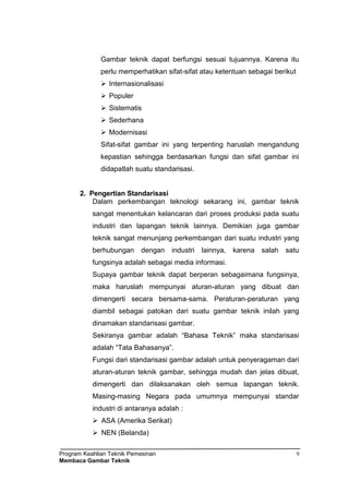 Program Keahlian Teknik Pemesinan
Membaca Gambar Teknik
9
Gambar teknik dapat berfungsi sesuai tujuannya. Karena itu
perlu memperhatikan sifat-sifat atau ketentuan sebagai berikut
 Internasionalisasi
 Populer
 Sistematis
 Sederhana
 Modernisasi
Sifat-sifat gambar ini yang terpenting haruslah mengandung
kepastian sehingga berdasarkan fungsi dan sifat gambar ini
didapatlah suatu standarisasi.
2. Pengertian Standarisasi
Dalam perkembangan teknologi sekarang ini, gambar teknik
sangat menentukan kelancaran dari proses produksi pada suatu
industri dan lapangan teknik lainnya. Demikian juga gambar
teknik sangat menunjang perkembangan dari suatu industri yang
berhubungan dengan industri lainnya, karena salah satu
fungsinya adalah sebagai media informasi.
Supaya gambar teknik dapat berperan sebagaimana fungsinya,
maka haruslah mempunyai aturan-aturan yang dibuat dan
dimengerti secara bersama-sama. Peraturan-peraturan yang
diambil sebagai patokan dari suatu gambar teknik inilah yang
dinamakan standarisasi gambar.
Sekiranya gambar adalah “Bahasa Teknik” maka standarisasi
adalah “Tata Bahasanya”.
Fungsi dari standarisasi gambar adalah untuk penyeragaman dari
aturan-aturan teknik gambar, sehingga mudah dan jelas dibuat,
dimengerti dan dilaksanakan oleh semua lapangan teknik.
Masing-masing Negara pada umumnya mempunyai standar
industri di antaranya adalah :
 ASA (Amerika Serikat)
 NEN (Belanda)
 