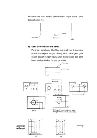 Program Keahlian Teknik Pemesinan
Membaca Gambar Teknik
46
Aturan-aturan dan sistem peletakannya dapat dilihat pada
bagian berikut ini :
a) Garis Ukuran dan Garis Bantu.
Penarikan garis bantu dilebihkan kira-kira 2 mm di atas garis
ukuran dan sejajar dengan bidang batas, sedangkan garis
ukuran sejajar dengan bidang ukur. Garis ukuran dan garis
bantu ini digambarkan dengan garis tipis.
 