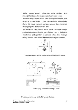 Program Keahlian Teknik Pemesinan
Membaca Gambar Teknik
48
Angka ukuran adalah keterangan pada gambar yang
menunjukkan besar atau panjangnya ukuran suatu benda.
Penulisan angka-angka ukuran pada suatu gambar harus jelas
sehingga mudah dibaca. Tinggi dan besarnya angka-angka
ukuran ini harus harmonis dengan gambar dan memenuhi
aturan yang telah ditetapkan oleh ISO.
Satuan ukuran pada gambar harus sama, umumnya gambar
mesin adalah dalam milimeter (mm). Satuan “mm” ini tidak perlu
dicantumkan pada gambar, kecuali ada satuan lain, misalnya
inchi ( " ), maka harus dicantumkan sesudah angka ukurannya.
Peletakan angka ukuran dapat dilihat pada gambar berikut
ukuran yang tidak sesuai dengan skala
d. Lambang-lambang tambahan pada ukuran.
 