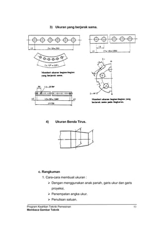Program Keahlian Teknik Pemesinan
Membaca Gambar Teknik
53
3) Ukuran yang berjarak sama.
4) Ukuran Benda Tirus.
c. Rangkuman
1. Cara-cara membuat ukuran :
 Dengan menggunakan anak panah, garis ukur dan garis
proyeksi,
 Penempatan angka ukur.
 Penulisan satuan.
 