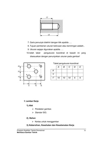 Program Keahlian Teknik Pemesinan
Membaca Gambar Teknik
56
32
48
7. Garis penunjuk diakhiri dengan titik apabila ….
8. Tujuan pemberian ukuran ketirusan atau kemiringan adalah..
9. Ukuran sejajar digunakan apabila ….
10.Isilah tabel pengukuran koordinat di bawah ini yang
disesuaikan dengan penunjukkan ukuran pada gambar!
Tabel pengukuran koordinat
f. Lembar Kerja
1).Alat
 Peralatan gambar.
 Standar ISO.
2). Bahan
 Kertas untuk menggambar
3).Kebersihan, Kesehatan dan Keselamatan Kerja
A B C D E
X
Y
 10 10 10 6 6
o
10
25
40
15
35
50
o
A
B
C
D
E
 