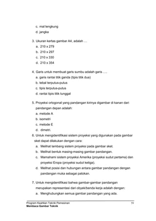 Program Keahlian Teknik Pemesinan
Membaca Gambar Teknik
59
c. mal lengkung
d. jangka
3. Ukuran kertas gambar A4, adalah …
a. 210 x 279
b. 210 x 297
c. 210 x 330
d. 210 x 354
4. Garis untuk membuat garis sumbu adalah garis ….
a. garis rantai titik ganda (tipis titik dua)
b. tebal terputus-putus
c. tipis terputus-putus
d. rantai tipis titik tunggal
5. Proyeksi ortogonal yang pandangan kirinya digambar di kanan dari
pandangan depan adalah:
a. metode A
b. isometri
c. metode E
d. dimetri.
6. Untuk mengidentifikasi sistem proyeksi yang digunakan pada gambar
sket dapat dilakukan dengan cara:
a. Melihat lambang sistem proyeksi pada gambar sket.
b. Melihat bentuk masing-masing gambar pandangan.
c. Mamahami sistem proyeksi Amerika (proyeksi sudut pertama) dan
proyeksi Eropa (proyeksi sudut ketiga).
d. Melihat posisi dan hubungan antara gambar pandangan dengan
pandangan muka sebagai patokan.
7. Untuk mengidentifikasi bahwa gambar-gambar pandangan
merupakan representasi dari obyek/benda kerja adalah dengan:
a. Menghubungkan semua gambar pandangan yang ada.
 